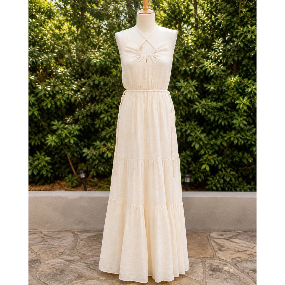 Mustard Seed Beige Boho Tank Maxi Dress  Small Tiered Halter Sleeveless New